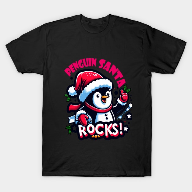 Penguin Santa Rocks T-Shirt by fionasdesign@gmail.com